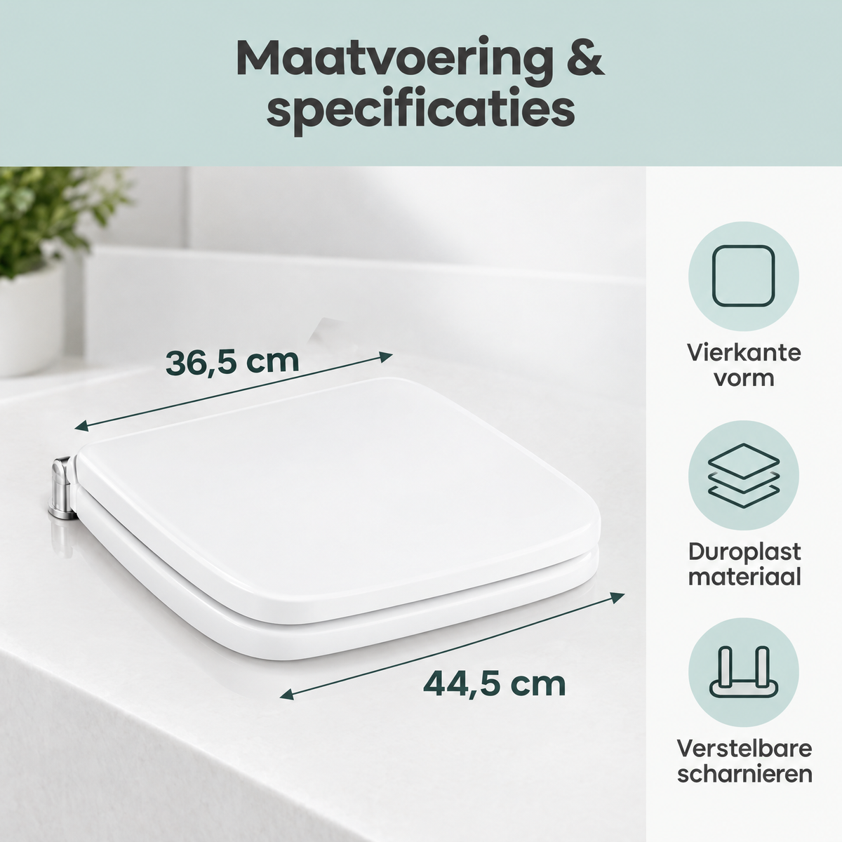 Vierkante witte toiletbril van Duroplast met softclose en quick-release van BukkitBow, geschikt voor comfortabel gebruik.