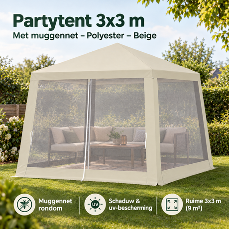 PIM Shopify visual 1/6 · Partytent 3x3 m – Met muggennet – Polyester – Beige – Overzicht & kernvoordelen