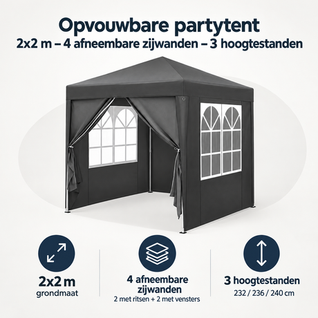 PIM Shopify visual 1/6 · Opvouwbare partytent 2x2 m – 4 afneembare zijwanden – 3 hoogtestanden – Overzicht & kernvoordelen