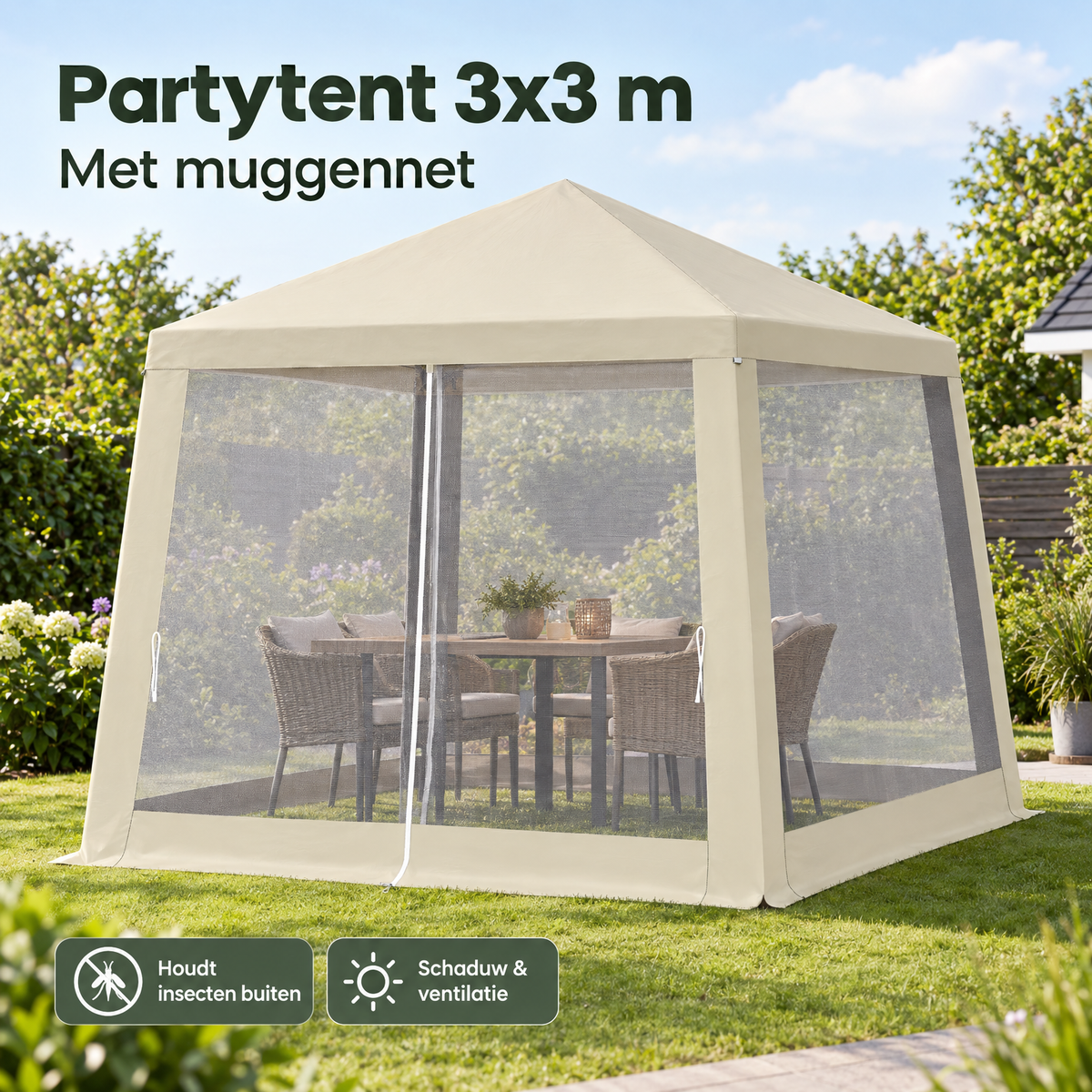 PIM Shopify visual 2/6 · Partytent 3x3 m – Met muggennet – Polyester – Beige – Lifestyle & gebruik