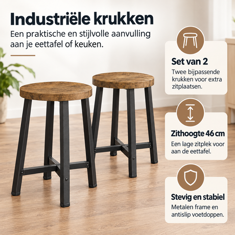 PIM Shopify visual 3/6 · Industriële krukken – Set van 2 – Vintage hout en metaal – Zithoogte 46 cm – Belangrijkste voordelen