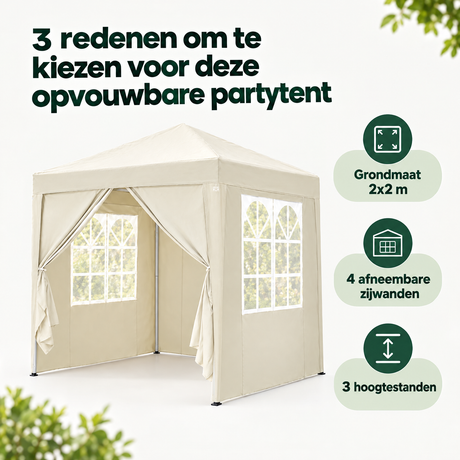 PIM Shopify visual 3/6 · Opvouwbare partytent 2x2 m – 4 afneembare zijwanden – 3 hoogtestanden – Belangrijkste voordelen
