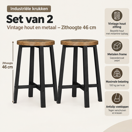PIM Shopify visual 4/6 · Industriële krukken – Set van 2 – Vintage hout en metaal – Zithoogte 46 cm – Maatvoering & specificaties