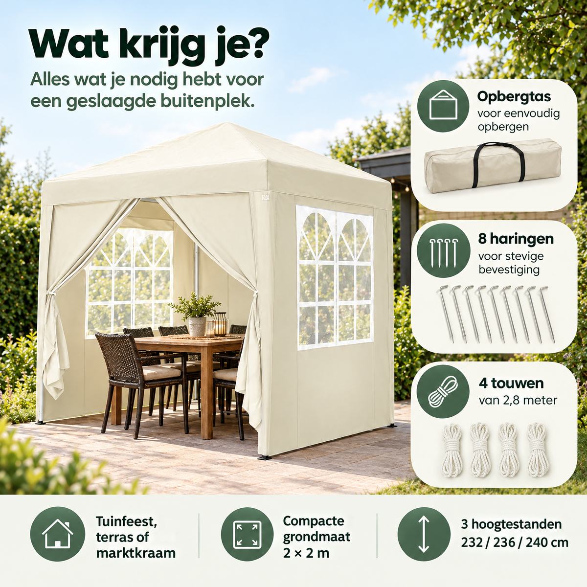 PIM Shopify visual 6/6 · Opvouwbare partytent 2x2 m – 4 afneembare zijwanden – 3 hoogtestanden – Keuzehulp / praktisch voordeel