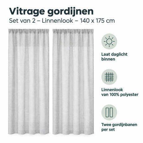 Set van 2 linnenlook vitrages van BukkitBow, 140 x 175 cm, lichte doorzichtige gordijnen voor een zachte uitstraling.