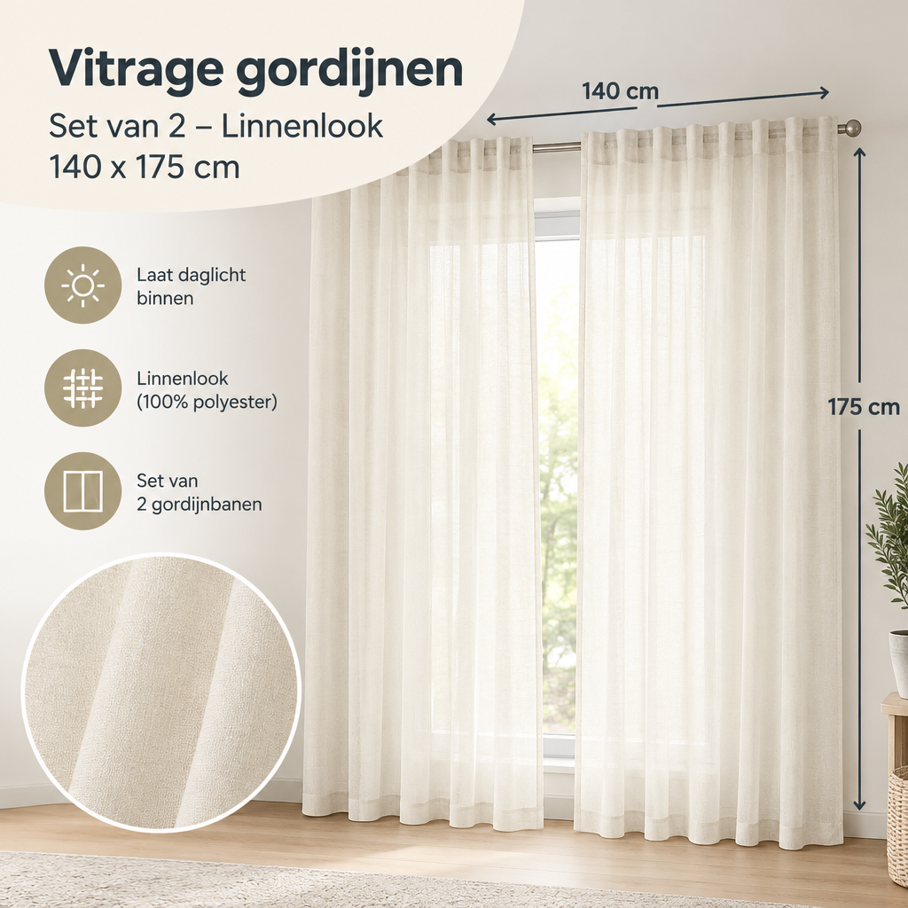 Afmetingen en productspecificaties van vitrage gordijnen