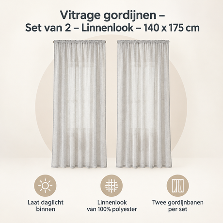 Set van 2 linnenlook vitrage gordijnen van BukkitBow, 140x175 cm, voor lichte privacy en stijl in de woonkamer.