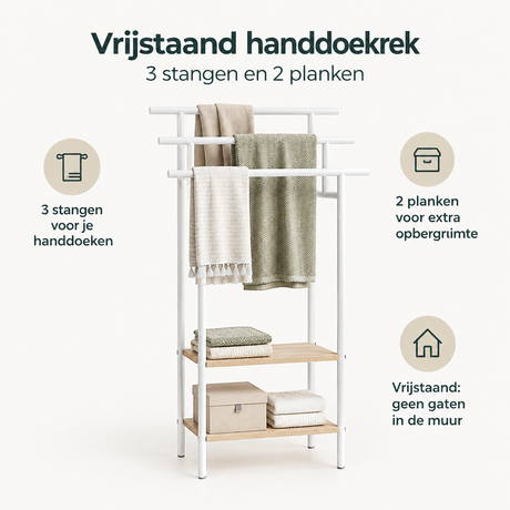 Wit vrijstaand handdoekrek van BukkitBow met 3 stangen en 2 planken, 68 cm breed, voor handdoeken en badaccessoires.