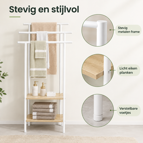 Wit en licht eiken vrijstaand handdoekrek met 3 stangen en 2 planken, 68 cm breed, van BukkitBow.