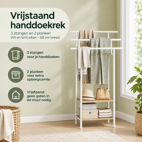 Vrijstaand handdoekrek van BukkitBow met 3 stangen en 2 planken, wit en licht eiken, 68 cm breed, praktisch en stevig.