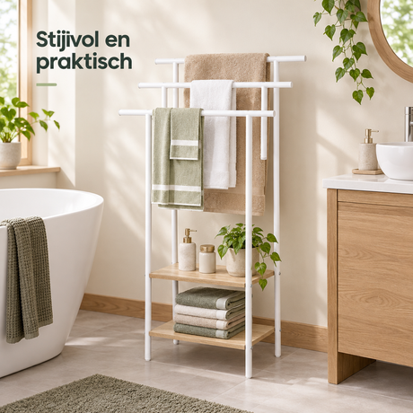 Vrijstaand handdoekrek van BukkitBow met 3 stangen en 2 planken, wit en licht eiken, 68 cm breed voor badkamers.
