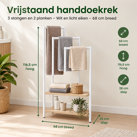Vrijstaand handdoekrek van BukkitBow met 3 stangen en 2 planken, wit en licht eiken, 68 cm breed, voor badkamer of keuken.