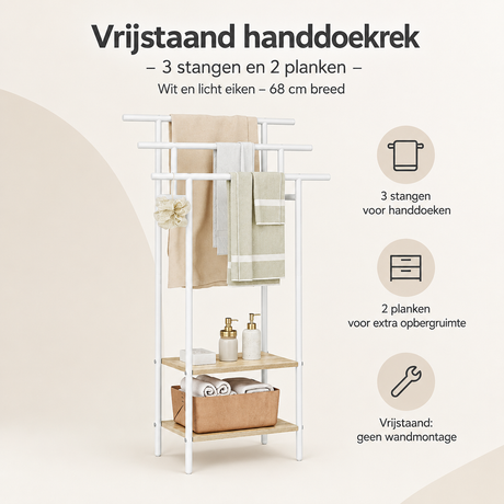 Vrijstaand handdoekrek van BukkitBow met 3 stangen en 2 planken in wit en licht eiken, breedte 68 cm, overzicht.