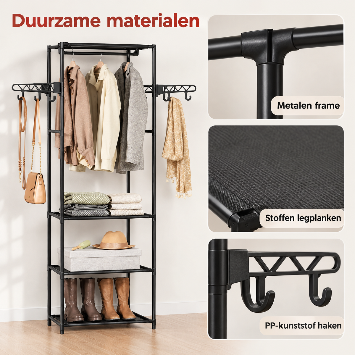 Detail van materiaal en afwerking van vrijstaand kledingrek