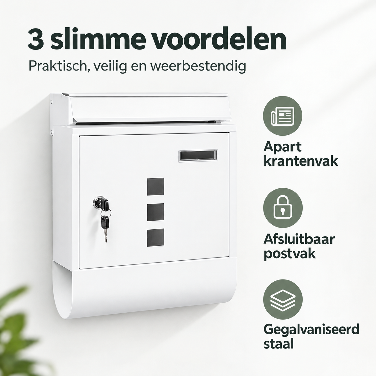 Gegalvaniseerde wandbrievenbus van BukkitBow met slot en krantenvak, in wit of zwart, geschikt voor gevelmontage.