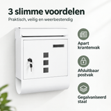 Gegalvaniseerde wandbrievenbus van BukkitBow met slot en krantenvak, in wit of zwart, geschikt voor gevelmontage.