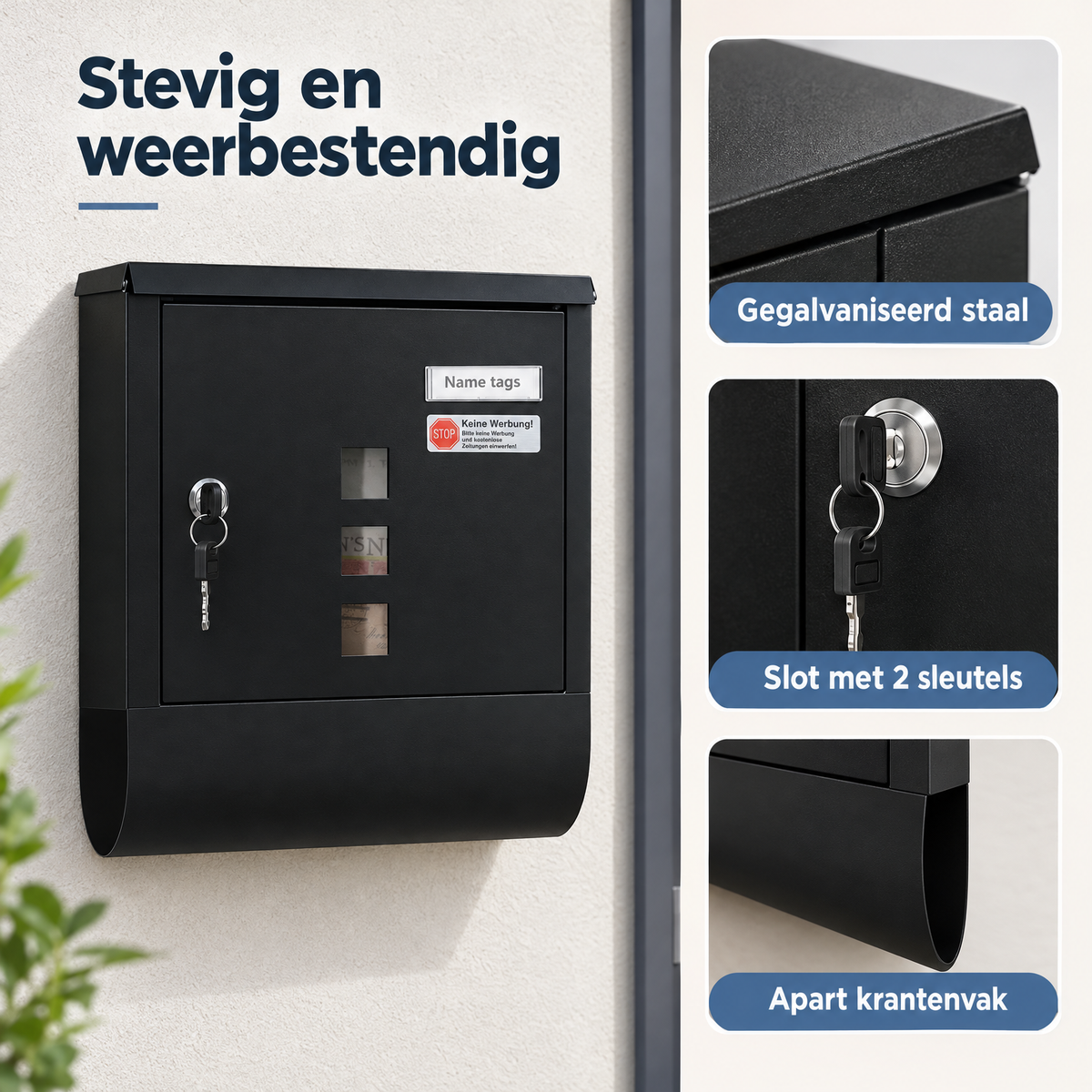 Gegalvaniseerde wandbrievenbus van BukkitBow met slot, krantenvak en keuze uit wit of zwart, detail van staalmateriaal.