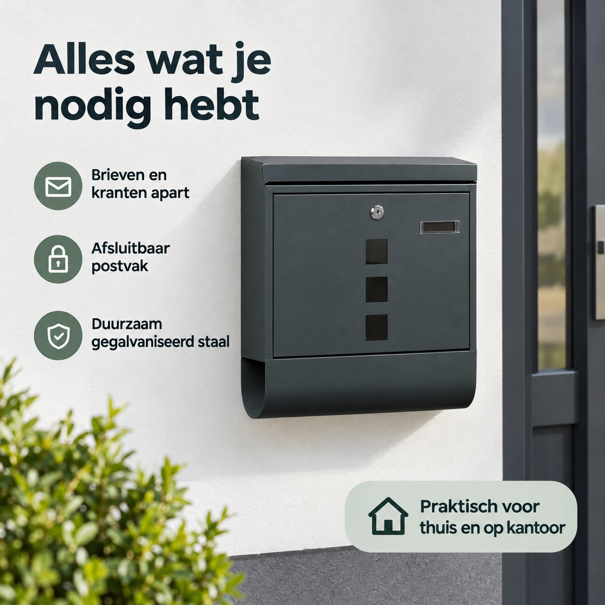 Gegalvaniseerde antracietkleurige wandbrievenbus van BukkitBow met krantenvak en slot, geschikt voor buitengebruik.