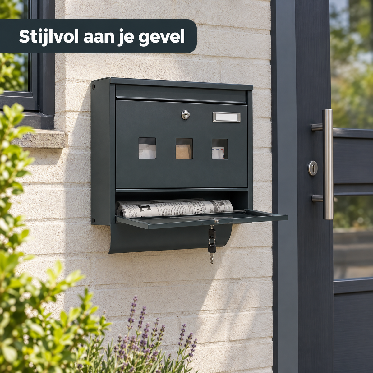 Gegalvaniseerde antracietkleurige wandbrievenbus met krantenvak en slot, geschikt voor buitengebruik, door BukkitBow.