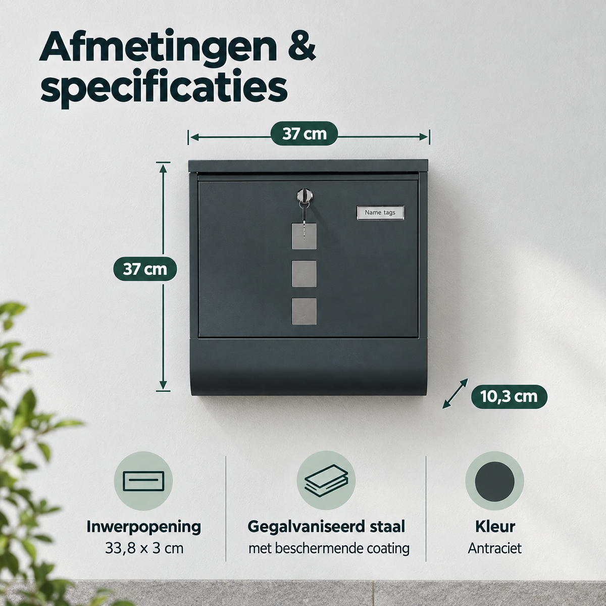 Gegalvaniseerde antraciete wandbrievenbus van BukkitBow met krantenvak en slot, weergegeven met afmetingen en specificaties.