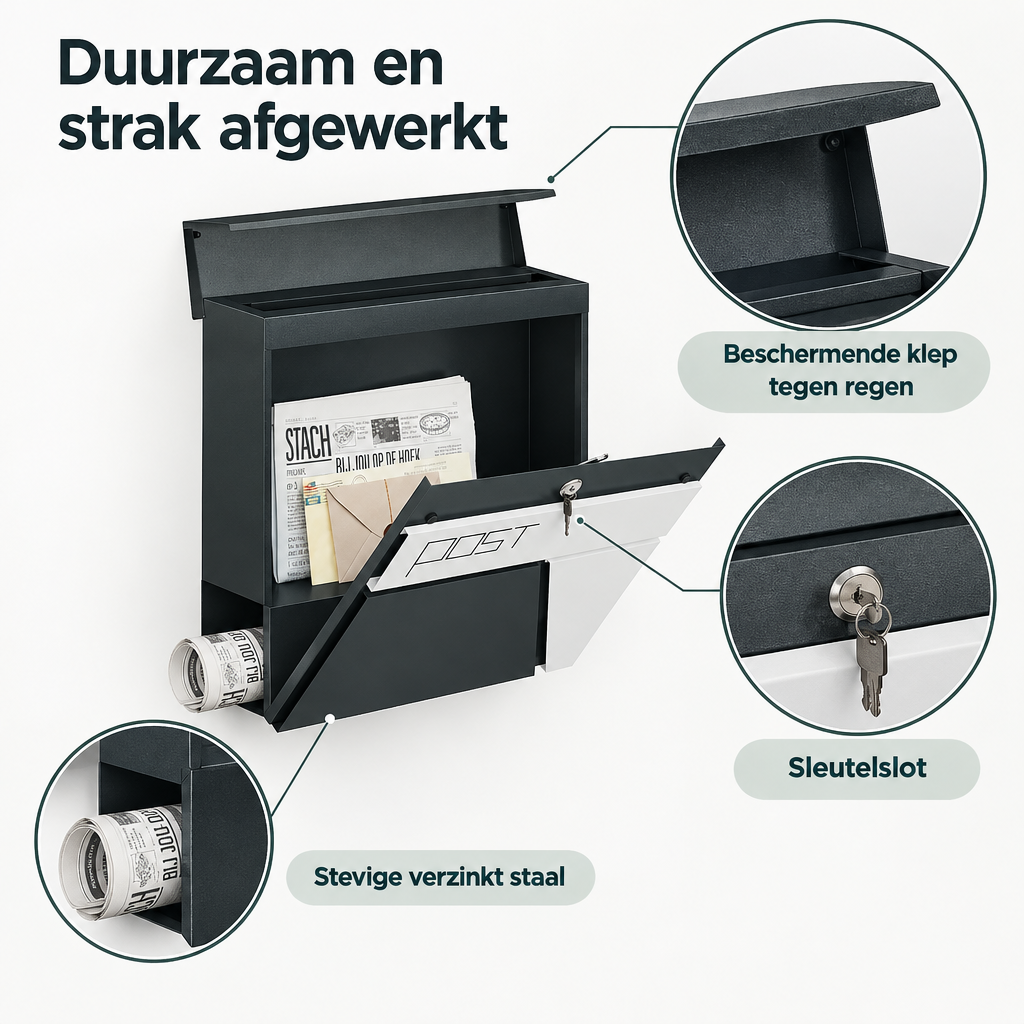 Detail van materiaal en afwerking van wandbrievenbus met krantenhouder