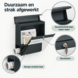 Detail van materiaal en afwerking van wandbrievenbus met krantenhouder