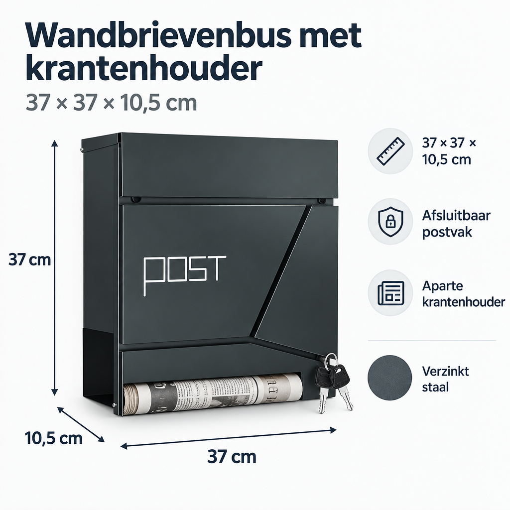 Afmetingen en productspecificaties van wandbrievenbus met krantenhouder