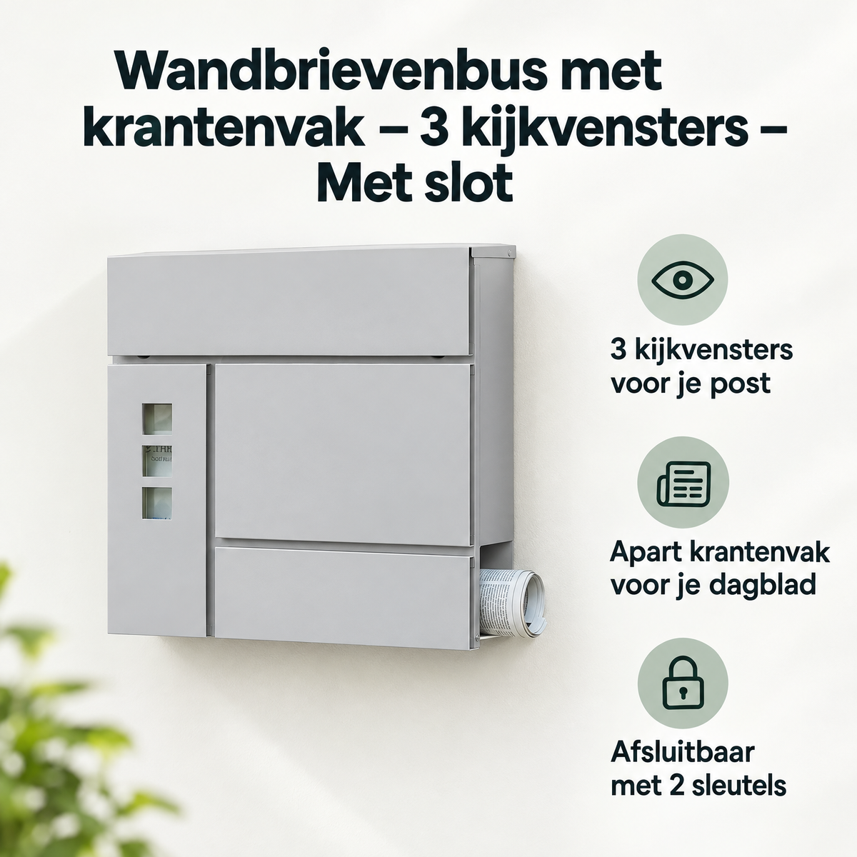 Wandbrievenbus van BukkitBow met krantenvak, drie kijkvensters en slot voor veilige postbewerking.