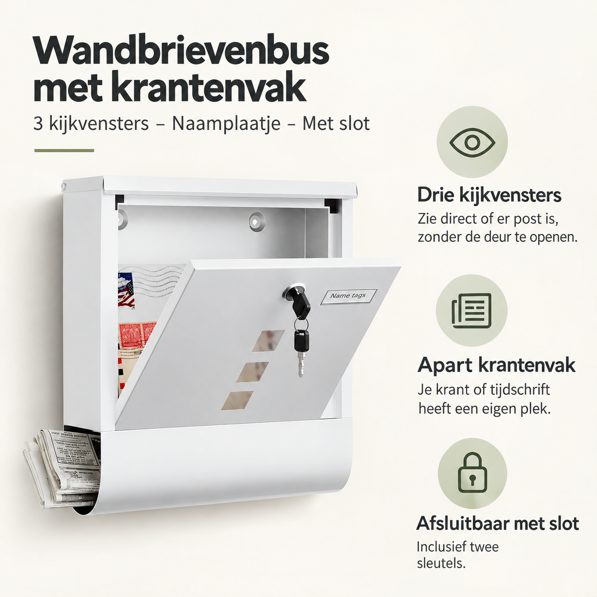 BukkitBow wandbrievenbus met krantenvak, drie kijkvensters, naamplaatje en slot voor veilige postbezorging.