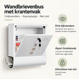 BukkitBow wandbrievenbus met krantenvak, drie kijkvensters, naamplaatje en slot voor veilige postbezorging.