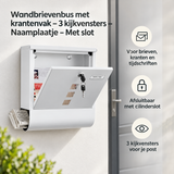 BukkitBow wandbrievenbus met krantenvak, 3 kijkvensters en slot, geschikt voor buitengebruik, met naamplaatje.