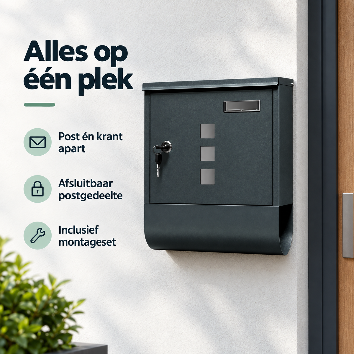 Antraciet wandbrievenbus met krantenvak en afsluitbare naamplaat, praktisch en stevig van BukkitBow op de muur bevestigd.