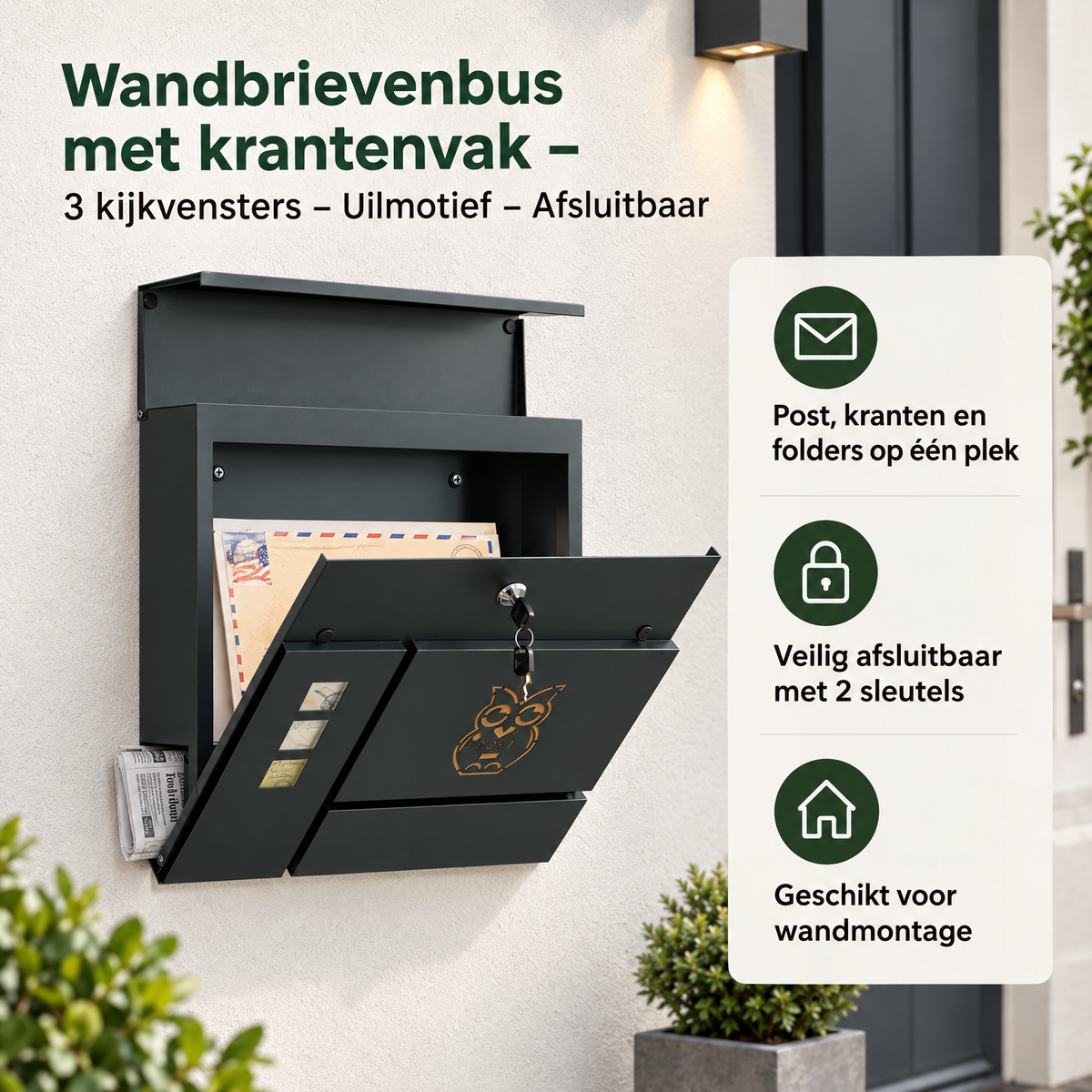 Wandbrievenbus met krantenvak en 3 kijkvensters van BukkitBow, afsluitbaar en met uilmotief voor praktische postafhandeling