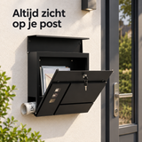 Wandbrievenbus met krantenvak en 3 kijkvensters van BukkitBow, inclusief slot, geschikt voor buitengebruik.
