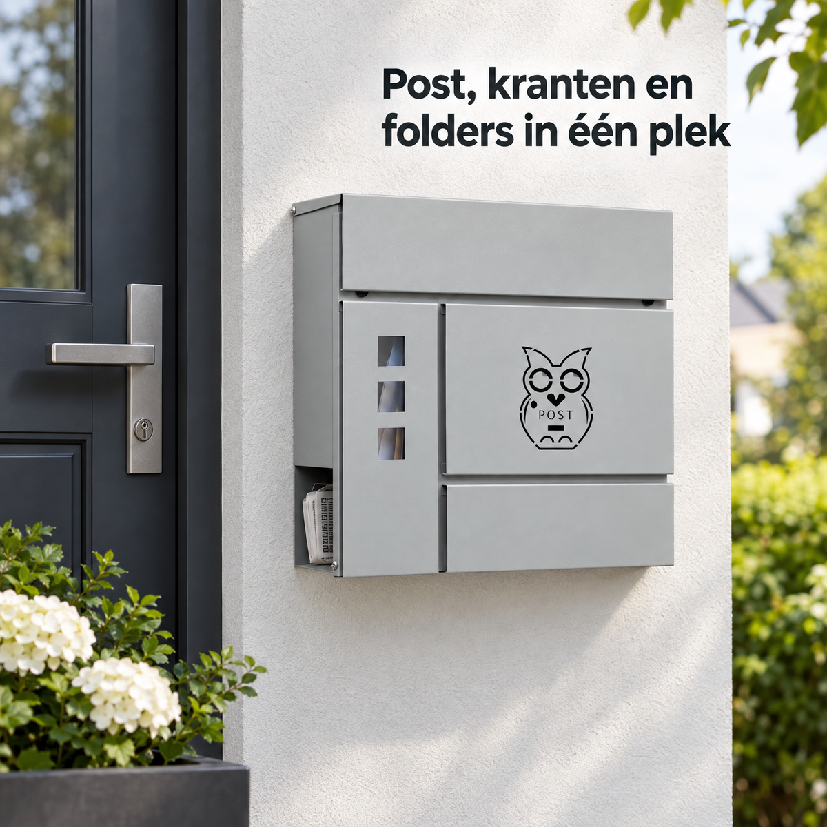 BukkitBow wandbrievenbus met krantenvak, drie kijkvensters, uilmotief, afsluitbaar voor veilige postafhandeling.