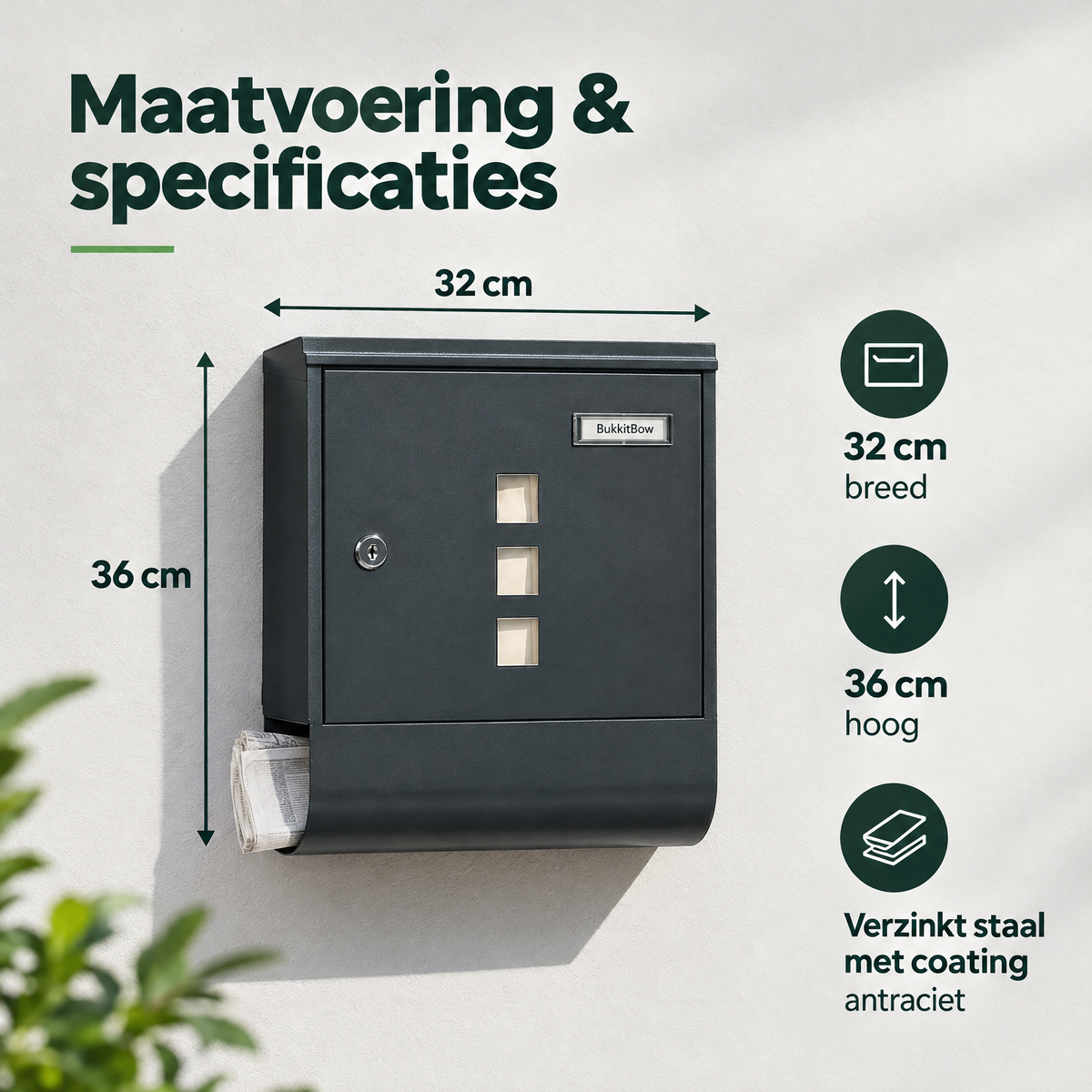 Antraciete BukkitBow wandbrievenbus met krantenvak en naamplaatje, afsluitbaar voor veilige postbezorging.