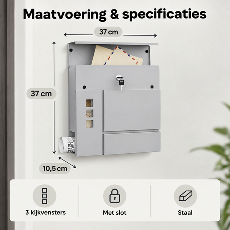 Afmetingen en productspecificaties van wandbrievenbus met krantenvak