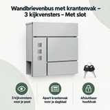 Wandbrievenbus van BukkitBow met krantenvak, drie kijkvensters en slot, geschikt voor buitengebruik en veilige postafgifte.