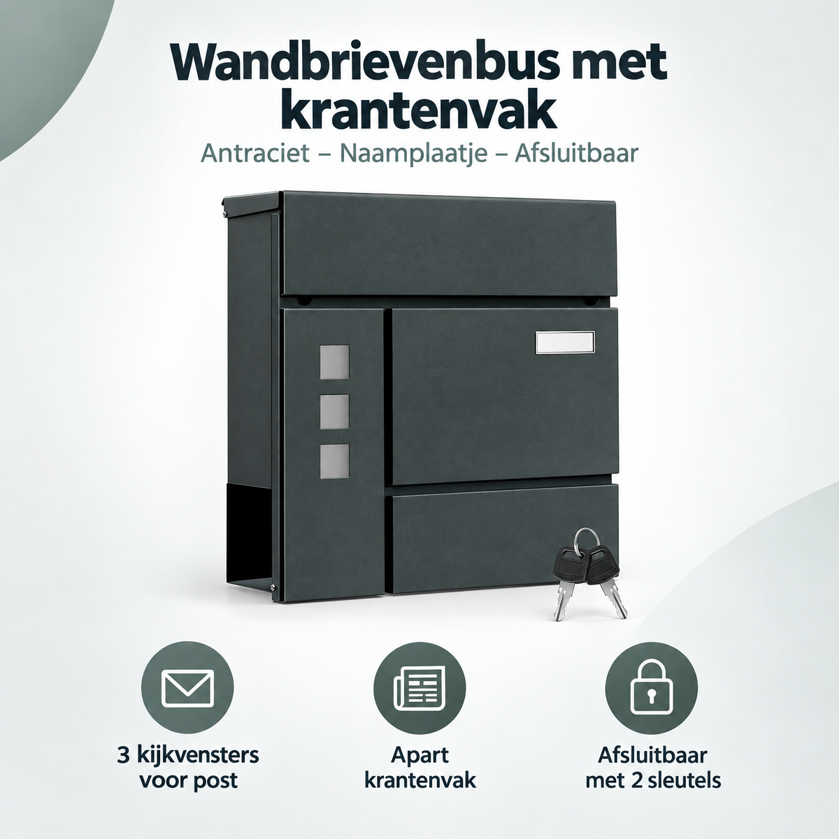 Antracietkleurige BukkitBow wandbrievenbus met krantenvak, naamplaatje en afsluitbaar, geschikt voor buitengebruik.