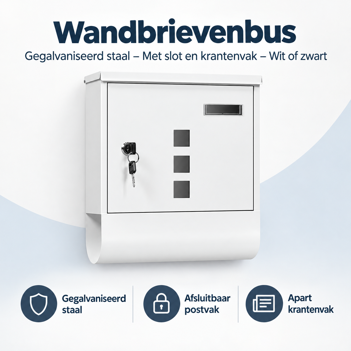 Gegalvaniseerde wandbrievenbus van BukkitBow met slot, krantenvak en keuze uit wit of zwart, zichtbaar in overzichtsfoto.