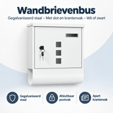 Gegalvaniseerde wandbrievenbus van BukkitBow met slot, krantenvak en keuze uit wit of zwart, zichtbaar in overzichtsfoto.