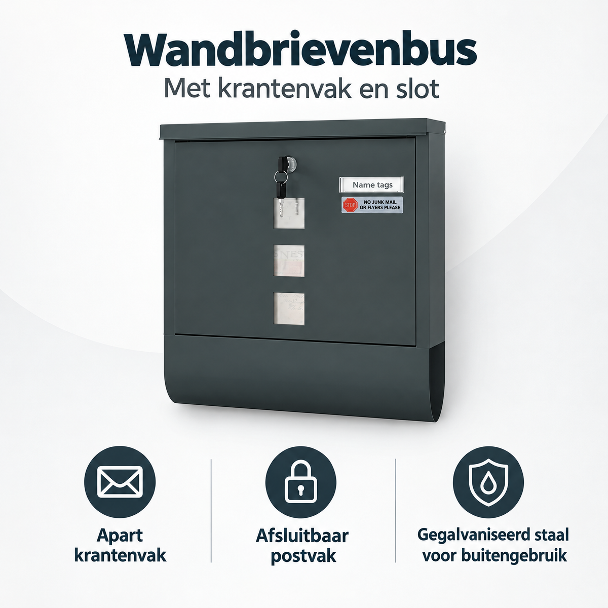 Gegalvaniseerde antracietkleurige wandbrievenbus van BukkitBow met krantenvak en slot, geschikt voor buitengebruik.