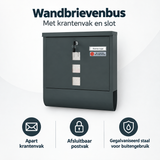 Gegalvaniseerde antracietkleurige wandbrievenbus van BukkitBow met krantenvak en slot, geschikt voor buitengebruik.