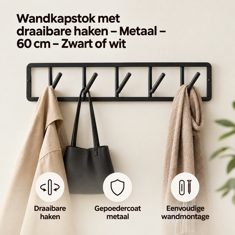 Wandkapstok met draaibare haken van BukkitBow, 60 cm lang, zwart of wit metalen ontwerp voor in de hal of gang