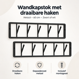 Zwart of wit wandkapstok met draaibare haken van BukkitBow, 60 cm breed, voor het ophangen van jassen en accessoires.