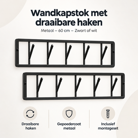 Zwart of wit wandkapstok met draaibare haken van BukkitBow, 60 cm breed, voor het ophangen van jassen en accessoires.