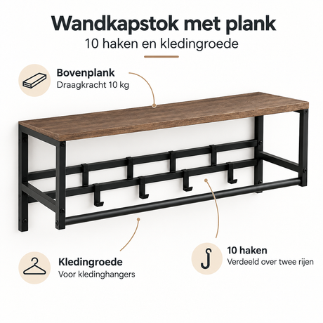 Zwarte wandkapstok met plank, 10 haken en kledingroede, rustiek bruin, 80 cm breed, ideaal voor kleding en accessoires.