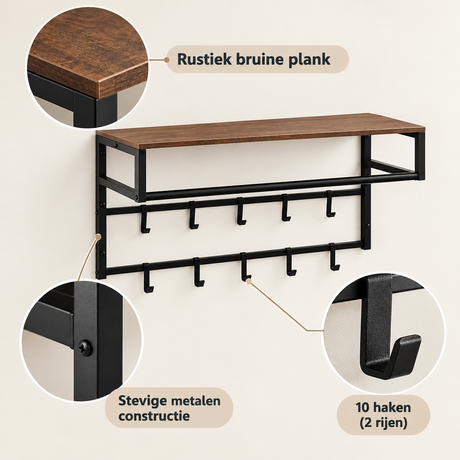 Zwarte wandkapstok met plank, 10 haken en kledingroede, rustiek bruin, 80 cm breed, BukkitBow wandkapstok met houtdetail