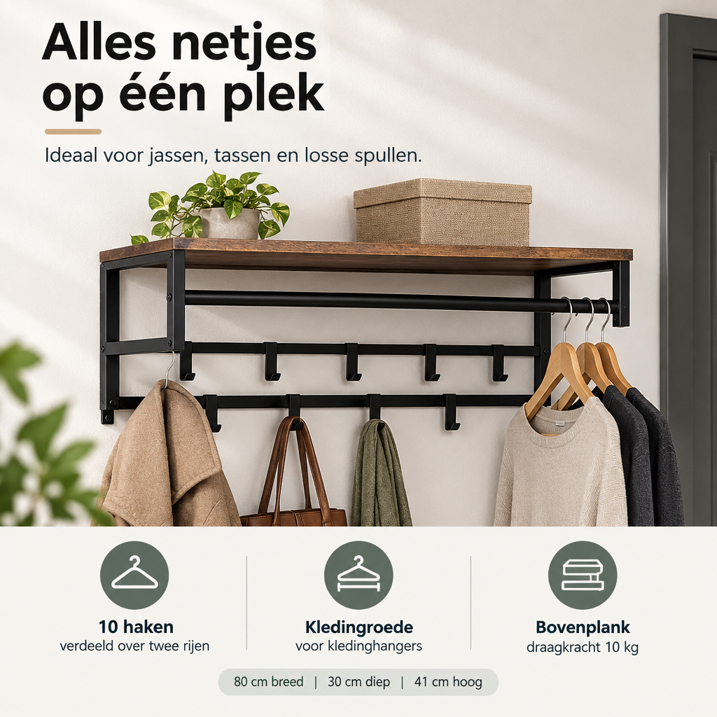 Praktische toepassing en keuzehulp voor wandkapstok met plank