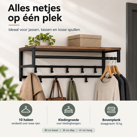 Zwarte en rustieke wandkapstok met plank en 10 haken, kledingroede, 80 cm breed, van BukkitBow voor praktische opbergruimte